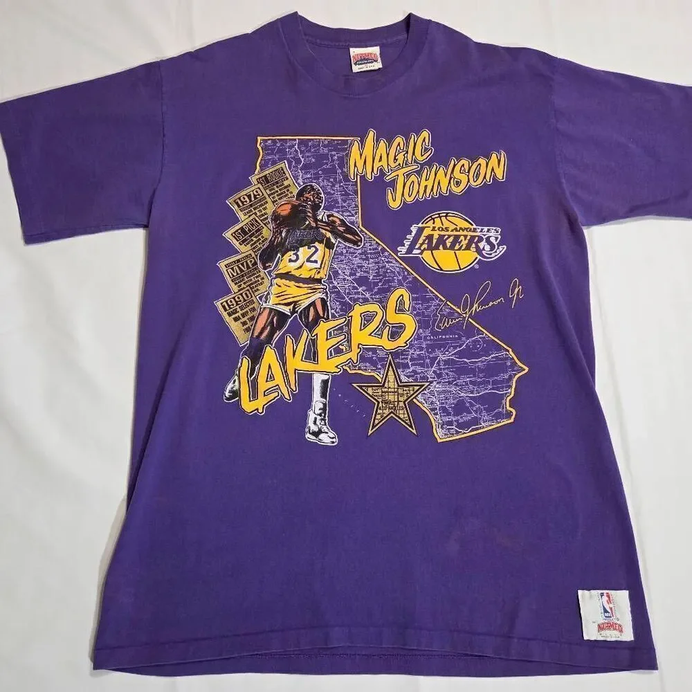 MAGIC JOHNSON LAKERS NUTMEG NBA SINGLE STICH MENS VINTAGE PURPLE T-SHIRT SIZE XL